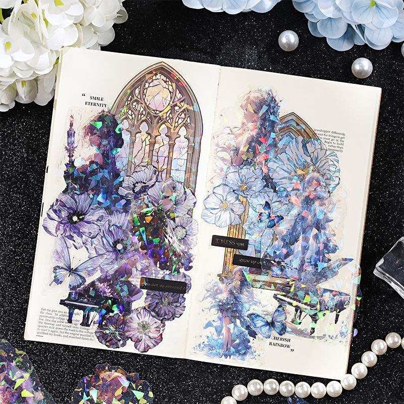 Vintage Fantasy Laser Notebook Sticker Pack, 10pcs Waterproof Girl & Piano Series Stickers, DIY Paste Decoration for Scrapbook Bullet Diary Glass Bottle Mobile Phone Case