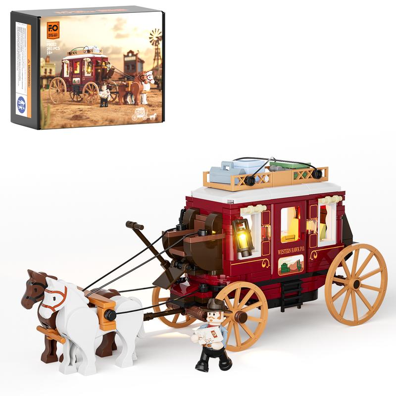 Funwhole Western Stagecoach ,293 Pcs, Lighting Building-Bricks Set - Old West Carriage and Horse  Collection Display Set Holiday Gift for West Lovers