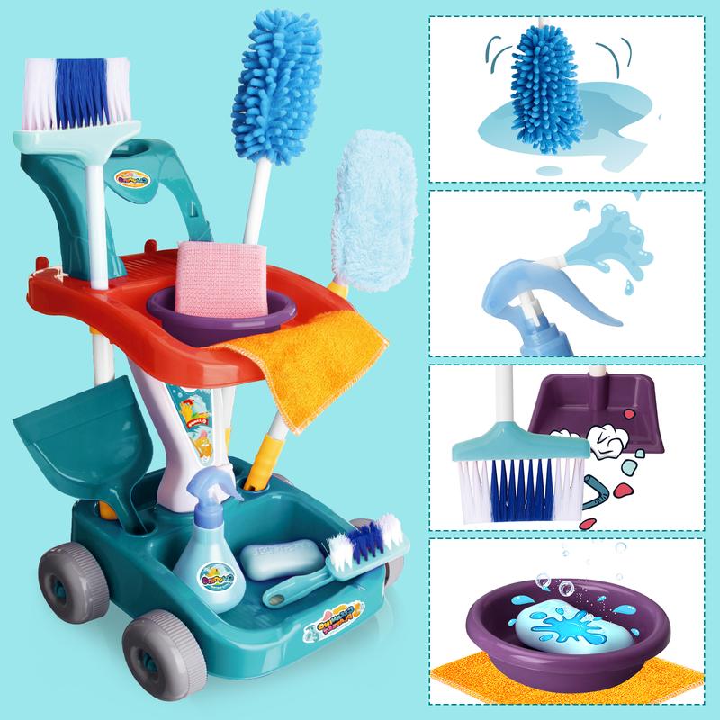 deAO Cleaning Set 12 PCS Pretend Play Detachable Housekeeping Cart with Broom,Dust Pan,Spray Bottle House Cleaning Tools Toys,Broom and Mop Set