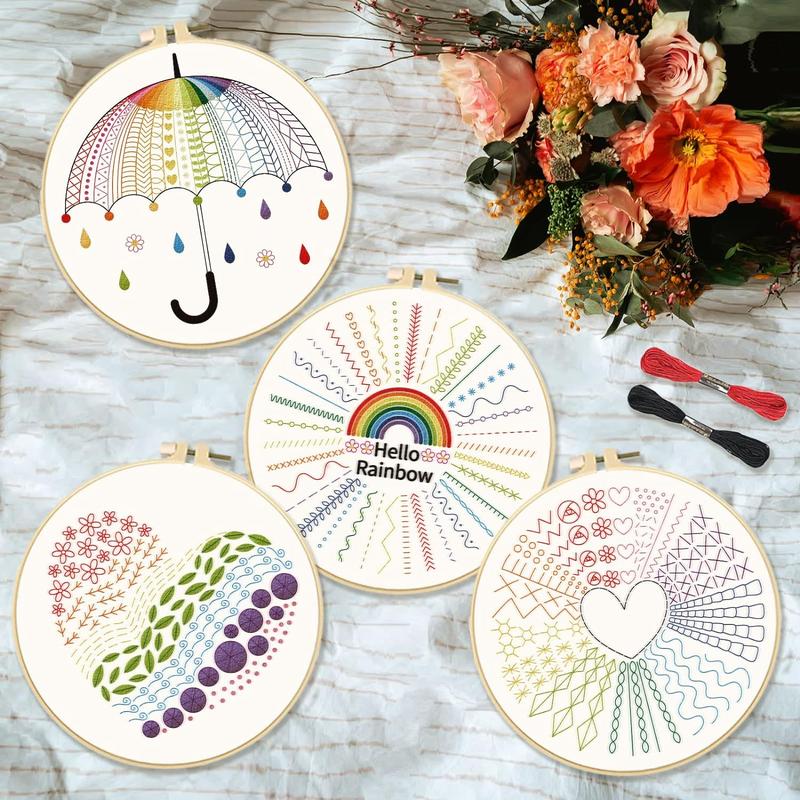 Rainbow & Heart Pattern Embroidery Kit, 4pcs set DIY Cross Stitch Set for Beginner, Stitch Accessories, Embroidery Set with Embroidery Cloth & Embroidery Hoop & Thread & Needle