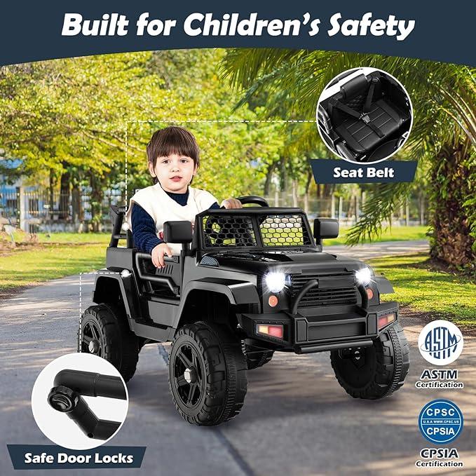 Giantex 1 2-Seater Ride on Truck, 12V Battery Powered Electric Vehicle w, 2 Speeds, Spring Suspension, LED Light, Horn, Music  MP3, 2 Doors Open, Ride on Car for Kids