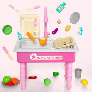 Kitchen Sink with Faucet and Tap Water Circulation, MerryChristmas Gift,Brithday Gift,Fruit&Vegetable&Tableware Toy Accessories, Pretend Play,Role Play Kitchen Sink Toy,Kitchen Experience Set