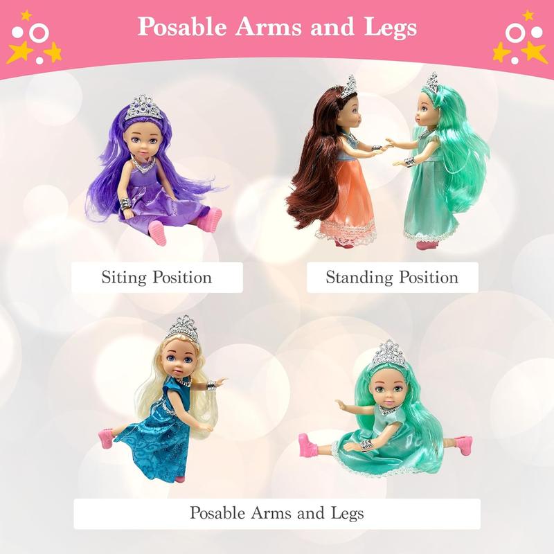 Little Dolls Set with Mini Princess Dolls for Girls u2013 Princess Toy Dolls for Dollhouse u2013Small Doll Mini Princess Figures with Tiaras, Hair Accessories